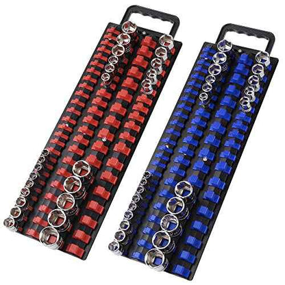 160-Piece Portable Socket Organizer Steel Tray with Handle - Heavy Duty Socket Holder Kit 1/4-Inch, 3/8-Inch, 1/2-Inch Blue&Red Clips (2 PC, Blue&Red)