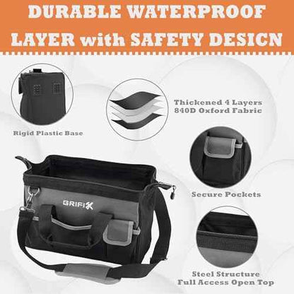 14-inch Tool Bag, Portable Tool Box Organizer Storage, Wide Mouth Tool Tote Bag with Large Zipper, 14-Pocket Adjustable Shoulder Strap and Ergonomic Handle (14" Standard Base)