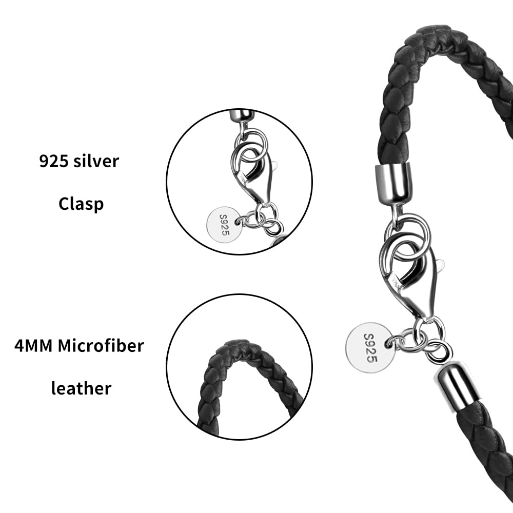 JEVINDA Leather Bracelet for Men Women 4MM Braided 925 silver Clasp 20/21cm with Jewelry Gift Box Handcrafted (Black, 7.8'')