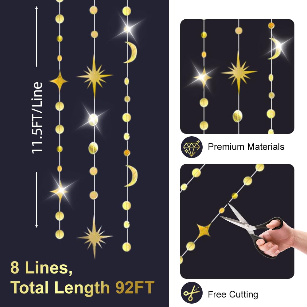 92FT Gold Moon Star Garland, Sparkly Crescent Moon & Star Hanging Decor for Ramadan Eid Mubarak, Birthday Party Supplies, Wedding Baby Shower Decorations, Photo Booth Props