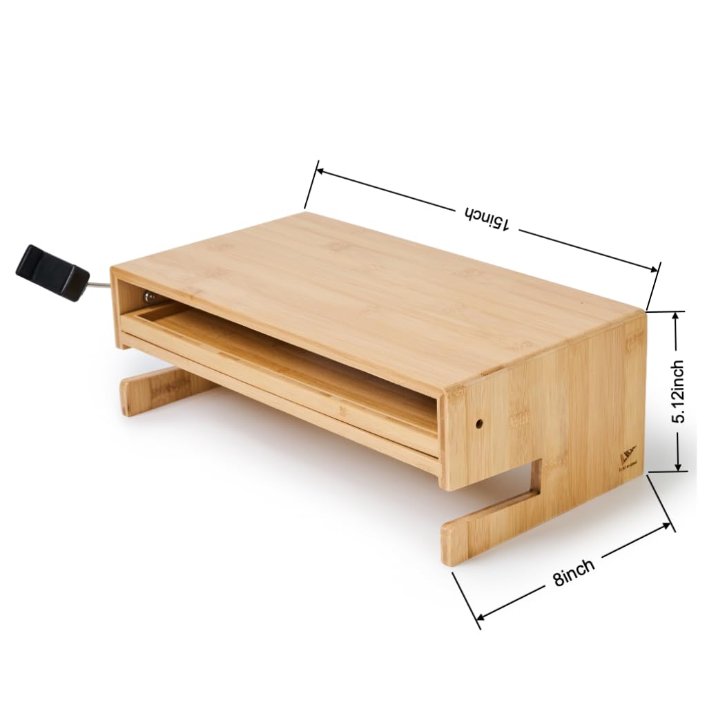 LICHIL Monitor Stand Desk Top Organizer with Storage Drawer & Phone Holder,Bamboo Monitor Stand with Keyboard Tray, Wide Monitor Riser Non Slip Desk Riser