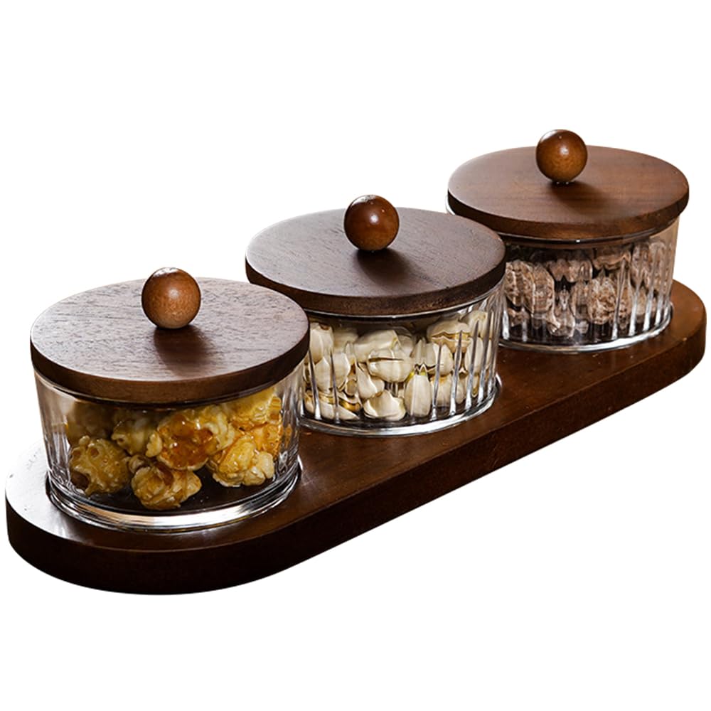 ANQIA Round Glass Snackle Box Container Snack Organizer and Fruit Platter with Acacia Wood Lids and Tray Divided Serving Tray for Nuts Candy Dry Fruits (3 Jars)