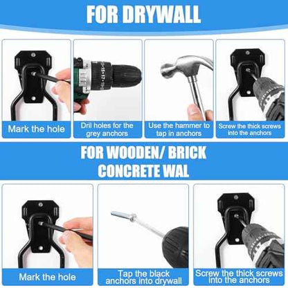MAQUITA Garden Tool Wall Mount Rack, 4-Piece Steel String Trimmer Holder, Garage Storage Hook for Weed Eater, Leaf Blower, Lawn Equipment