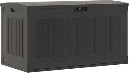 Suncast 80-Gal. Waterproof Resin Large Outdoor Patio Deck Box with Pad-Lockable Lid, Modern Outdoor Patio Bench/Storage Box for Cushions, Garden Tools, and More, Iron Ore
