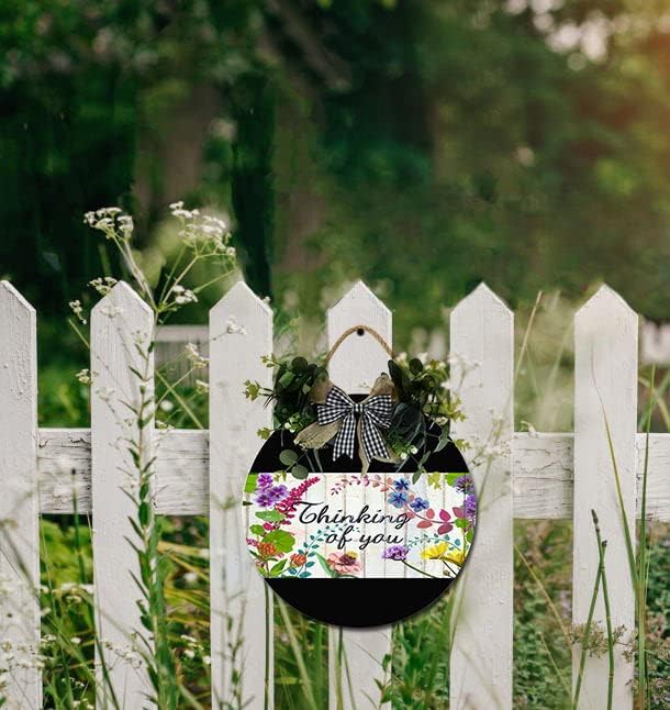 Garden Thinking Of You Front Door Sign Funny Wreaths Hanging Wooden Plaque Decoration Round Rustic Wood Farmhouse Porch Decor for Home Front Door Decor, 11 x 11 Inch