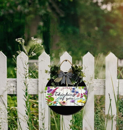 Garden Thinking Of You Front Door Sign Funny Wreaths Hanging Wooden Plaque Decoration Round Rustic Wood Farmhouse Porch Decor for Home Front Door Decor, 12 x 12 Inch