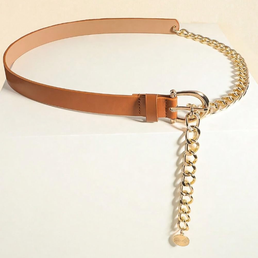 Heyjoin Waist Chain belts for Women Metal Body Waist Belt Chunky Leather Belly Link (Buckle Leather Camel-M)
