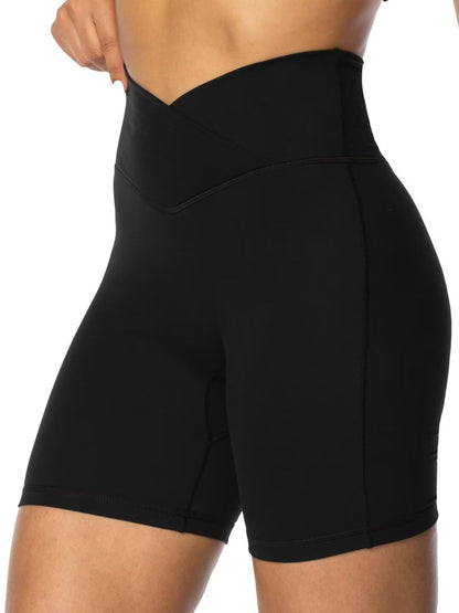 Sunzel Sunzfly Crossover Biker Shorts for Women, V Criss Cross High Waist Yoga Workout Gym Shorts with Tummy Control 6" Inseam Black Large