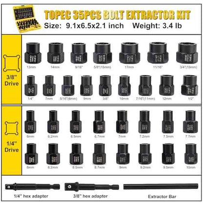 Topec Bolt Extractor Kit, 35-Piece Broken Bolt Extractor Set, Impact Bolt & Nut Remover Socket Set, Removal Tool for Removing Damaged, Frozen, Rusted, Rounded-Off Bolts, Nuts & Screws