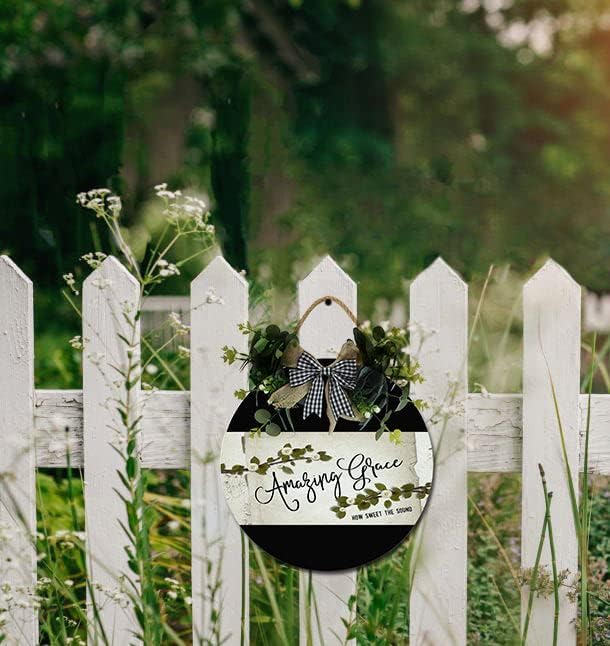 Amazing Grace Front Door Sign Funny Wreaths Hanging Wooden Plaque Decoration Round Rustic Wood Farmhouse Porch Decor for Home Front Door Decor, 11 x 11 Inch