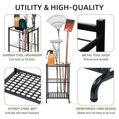 Garden Tool Organizer with Storage Hooks, Yard Tool Tower Rack for Garage Organization and Storage, Up to 35 Long-Handled Tools, Metal Tool Holder with 6 Hooks, Black
