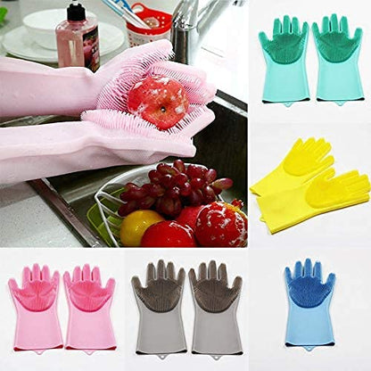 Silicone Dishwashing Gloves, Pet Grooming Rubber Scrubbing Gloves for Dishes,Sponge Wash Cleaning Glove with Scrubbers for Housework, Bathroom, Kitchen, Car, Pets. 1Pair (13.6" Large)
