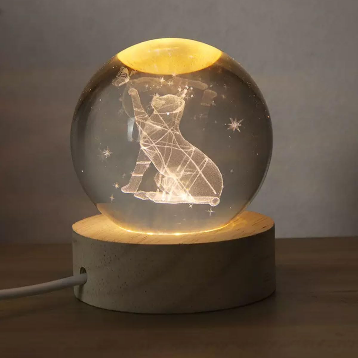 yingpei.KJ 3.14-inch 3D Animal Creative Crystal Ball for Girlfriend, Wife, Mother, Couple, Children Christmas Gift Crystal Glass Ball Base Lighting (Small Cat)