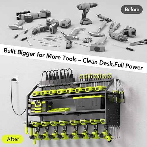 Power Tool Organizer Wall Mount with Charging Station, 8 Drill Holder with 8-Outlet Power Strip, Garage Cordless Drill Storage and Organization, Battery Utility Rack