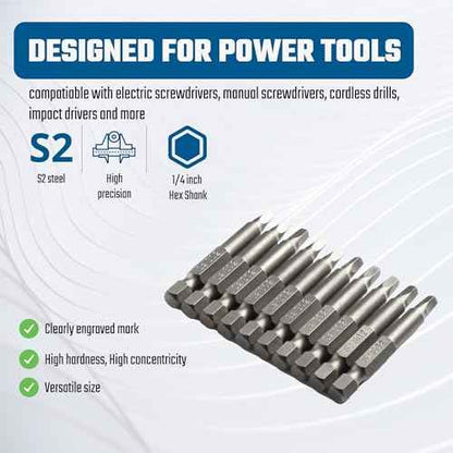 Square Head SQ2 Screwdriver Bit Set 10PCS 1/4 Inch Hex Shank 2 Inch/50 mm Length S2 Steel with Magnetic for Power Screwdriver Drill Impact Driver