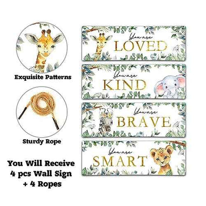 4 Pieces Kids Room Wall Decor Wooden Sign, 11.8" x 3.9" Jungle Animals Motivational Wall Art for Kids Room Nursery Playroom Classroom, You are Loved/Brave/Kind/Smart-A06