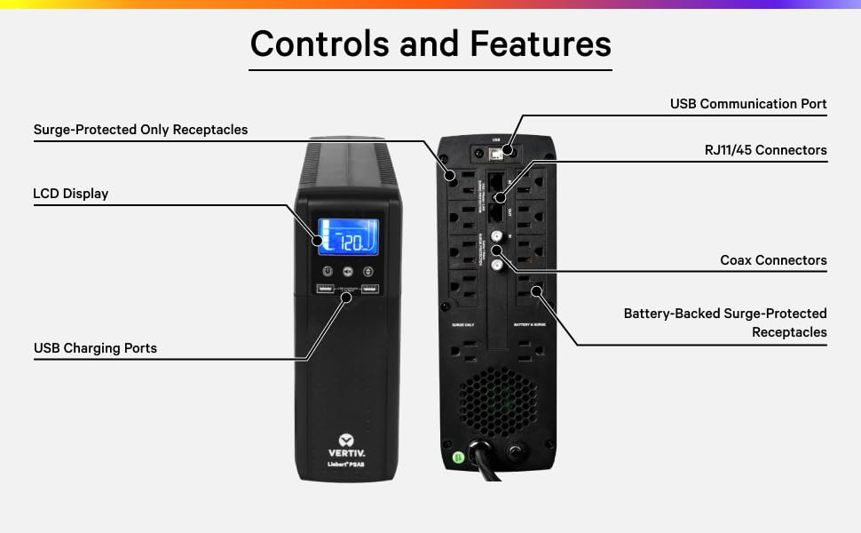 Vertiv Liebert PSA5 UPS - 1000VA/600W 120V Line Interactive AVR Tower UPS, 10 outlets, 2 USB Charging Ports, Battery Backup w/ Surge Protection, 3 year warranty, Energy Star Certified (PSA5-1000MT120)