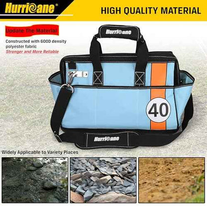 HURRICANE 16 inch Wide Mouth Tool Bag with Water Proof Molded Base with Extra Shoulder Strap, Racing theme-Blue, Multi Pockets, Large Inner Space