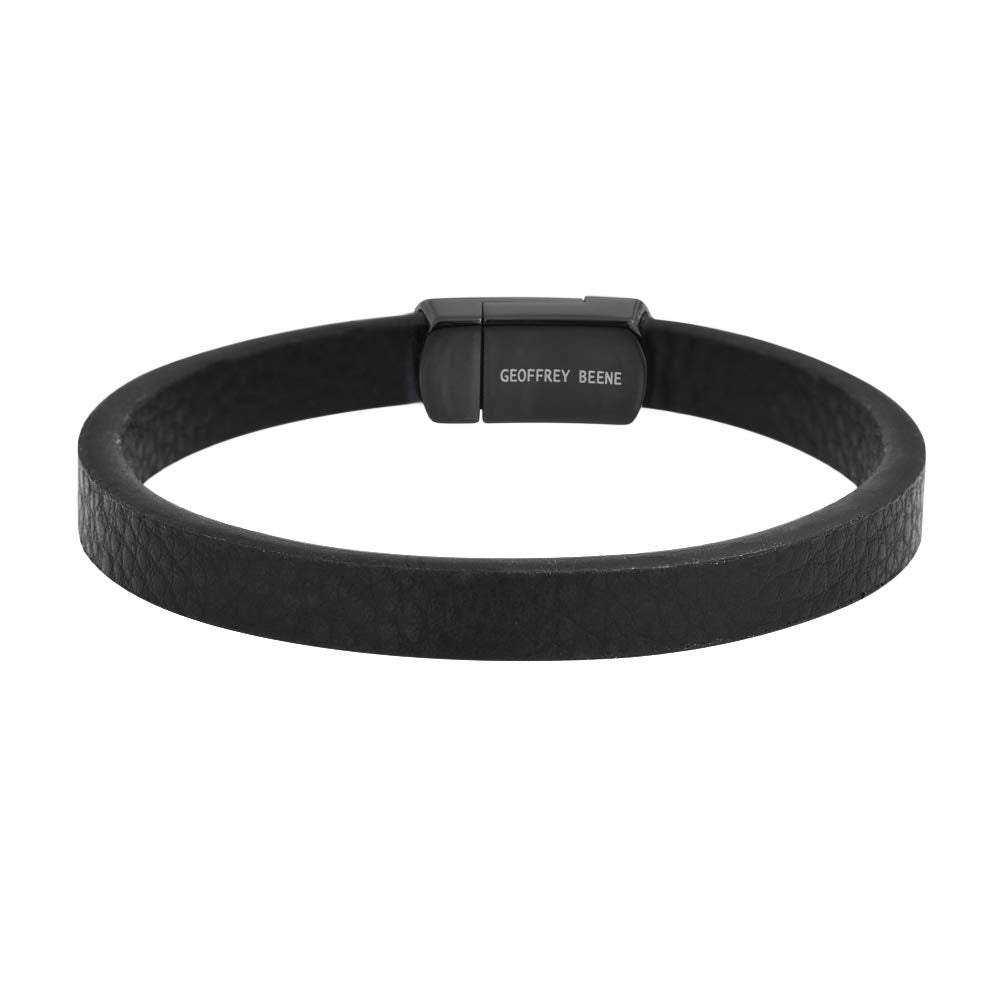 Geoffrey Beene Men's Genuine Pebbled Leather Bracelet with Stainless Steel Closure (Black)