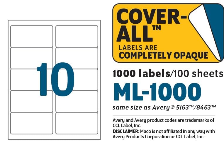 MACO Printable Labels for Shipping - Laser/Ink Jet Compatible Shipping Labels, 10 per Sheet, 2" x 4", Box of 100 Pages/1000 Labels, White