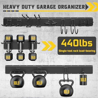 48" Garage Tool Organizer Wall Mount, Garden Tool Organizer, Garages Organizers with Adjustable Hooks, Tool Storage Rack Bearing 440lbs (3 Racks, 9 Hooks)