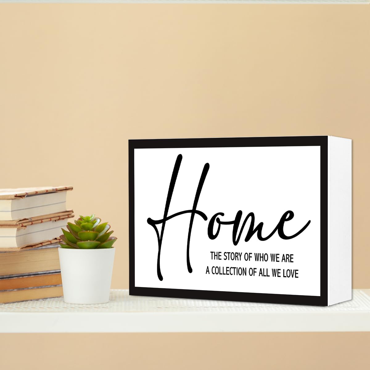Home the Story of Who We are Sign Wooden Box Desk Decor,Rustic Farmhouse House Wood Block Sign for Home Living Room Shelf Tabletop Decor 10'' x 6''