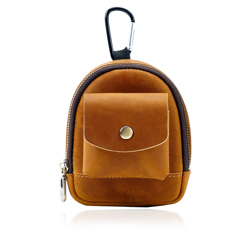 Genuine Leather Mini Backpack Keychain Medieval Pouch Coin Organizer Change Holder Zipper Pouch for Men Women Brown (Brown)
