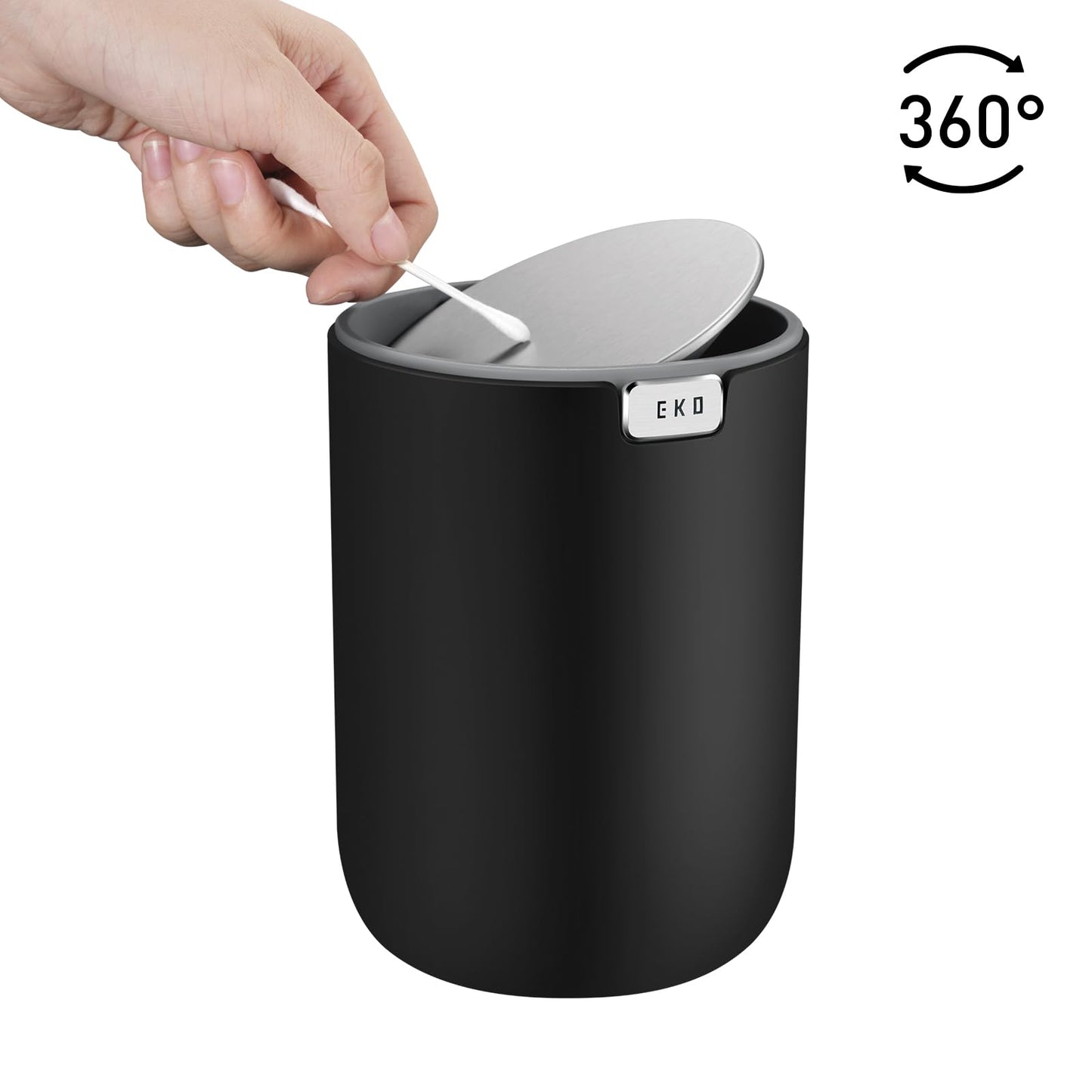 EKO Fandy 0.4 Gal/1.5L Mini Tabletop Trash Bin with Swing-Lid, Desktop Trash Can for Bathroom Countertop, Vanity, Coffee or Office, Small Garbage Bin (Black)