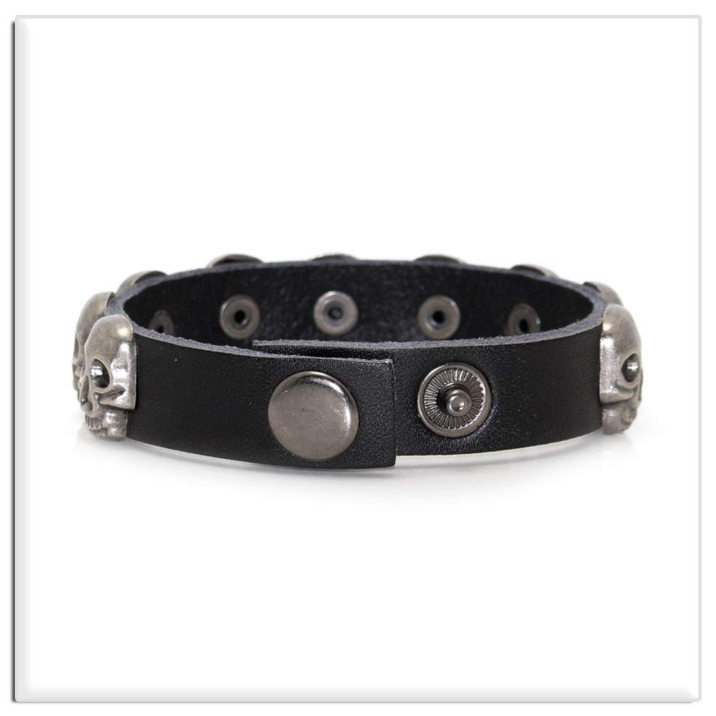 Xusamss Punk Rock Alloy Buckle Leather Wristband Skull Cuff Bracelet(Black Leather)