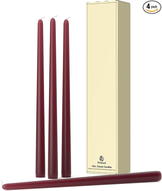 12-Inch Tall Dripless Taper Candles Set of 4 - Burgundy Tapered Candles, Perfect for Wedding,Dinner - Smokeless, Unscented, Long Burning - Hand Poured, Colored Tall Candlesticks - Borgoña