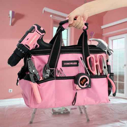 COMOWARE 13-Inch Tool Bag, Pink Soft Storage Bags with Inside Pockets, Wide Mouth Pink Tool Tote Bag