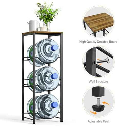 Dirza 5 Gallon Water Bottle Jug Holder with Top Shelf, 3-Tier Heavy Duty Water Storage Rack, Dispenser Stand Organizer for Kitchen Office Brown