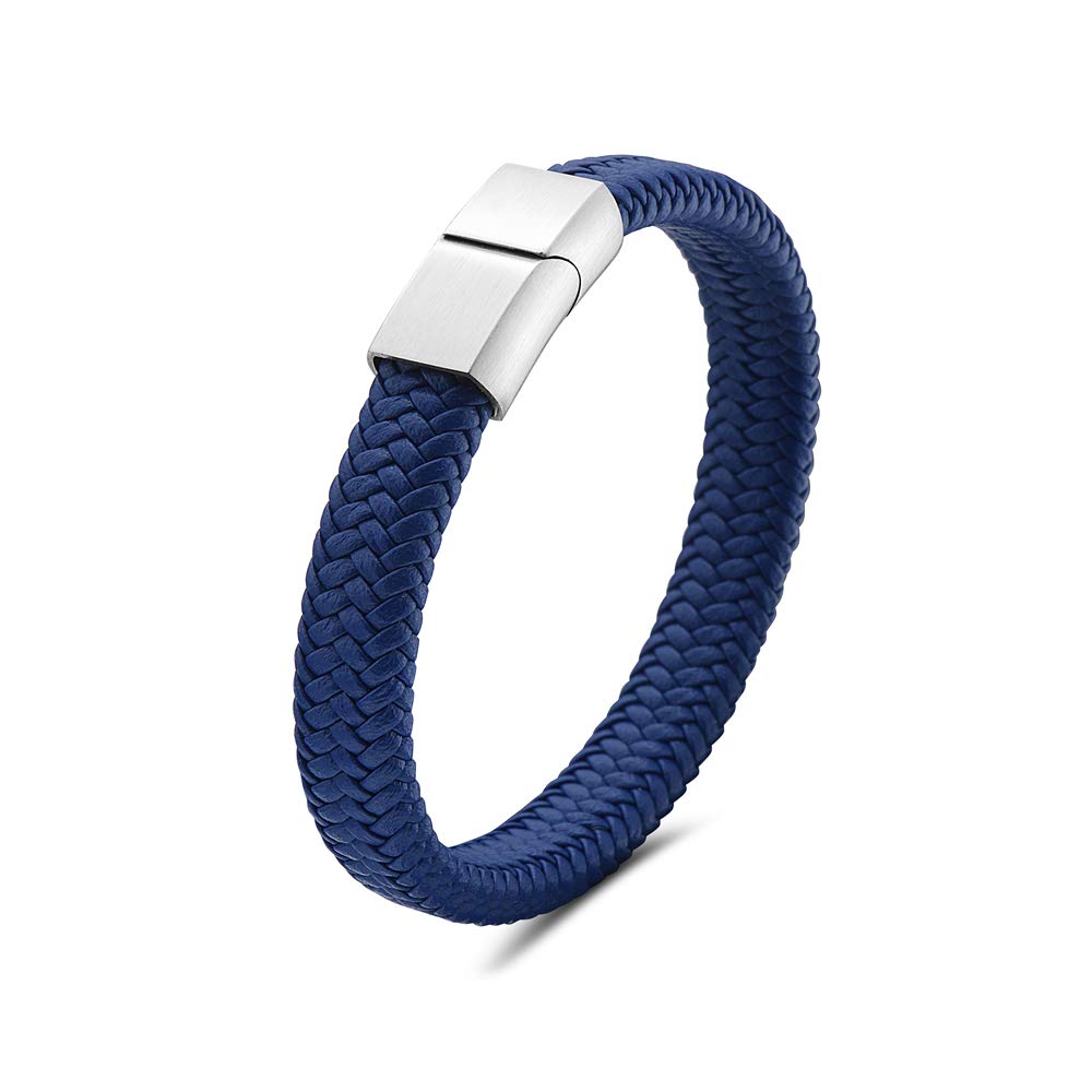 My Daily Styles Mens Blue Genuine Leather Bracelet with Stainless Steel 8" Silver