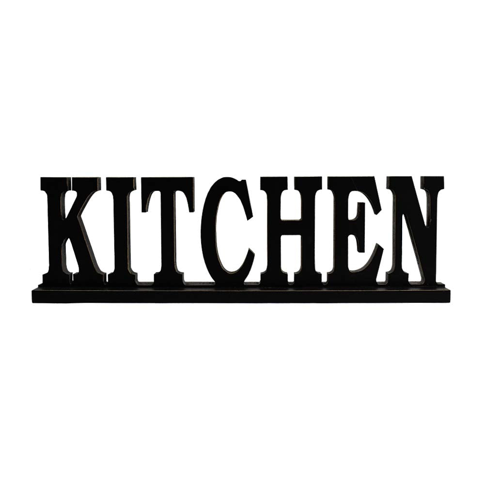 Linfevisi Black Wood Kitchen Sign Standing Block Letters Sign Rustic Freestanding Wood Word Decor Decorative Kitchen Table Sign Cutout Word Art Kitchen Shelf Decor (Black Kitchen Sign)