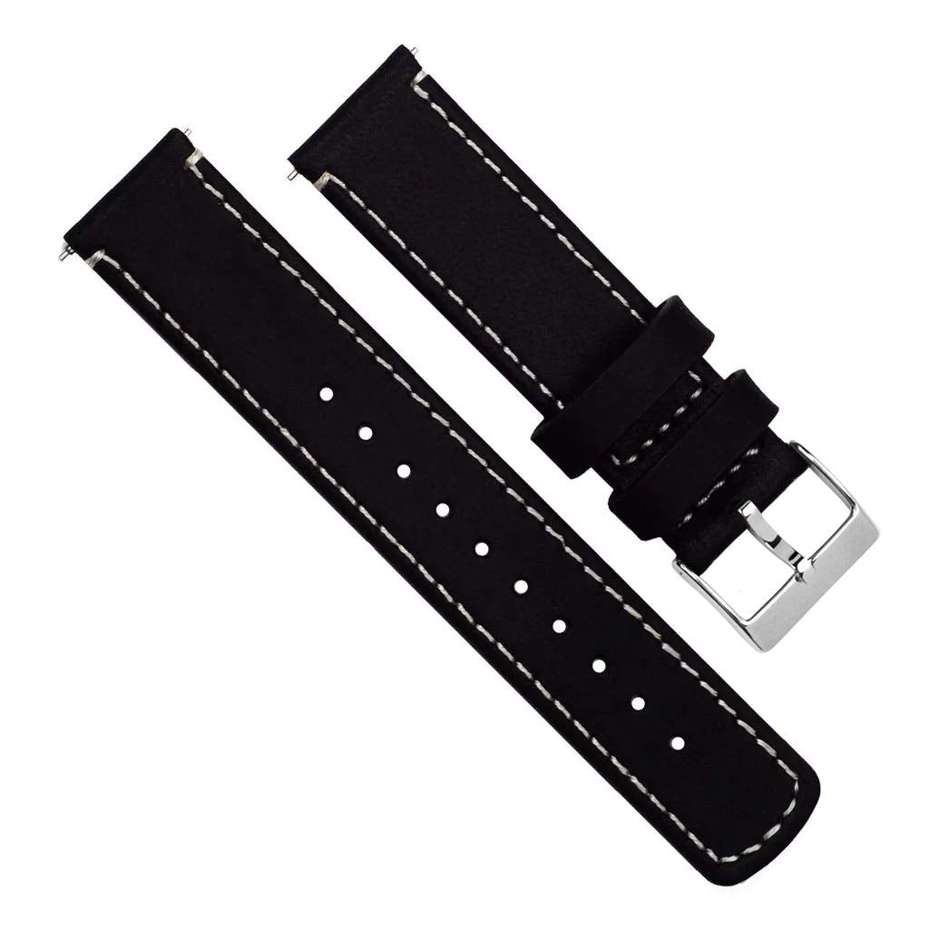 BARTON WATCH BANDS Quick Release Top Grain Leather Watch Band Strap, Black Leather/Linen White Stitching, 18mm