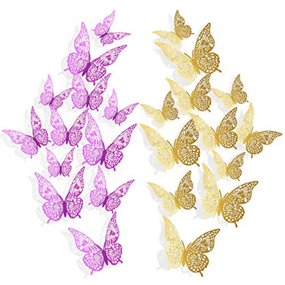 3D Purple Gold Butterfly Wall Stickers, 24 PCS 3 Sizes Butterfly Wall Decals, Removable Metallic Gold Wall Sticker Room Mural for Paper Art Party Cupcake Kids Bedroom Classroom Wedding Balloon Decors
