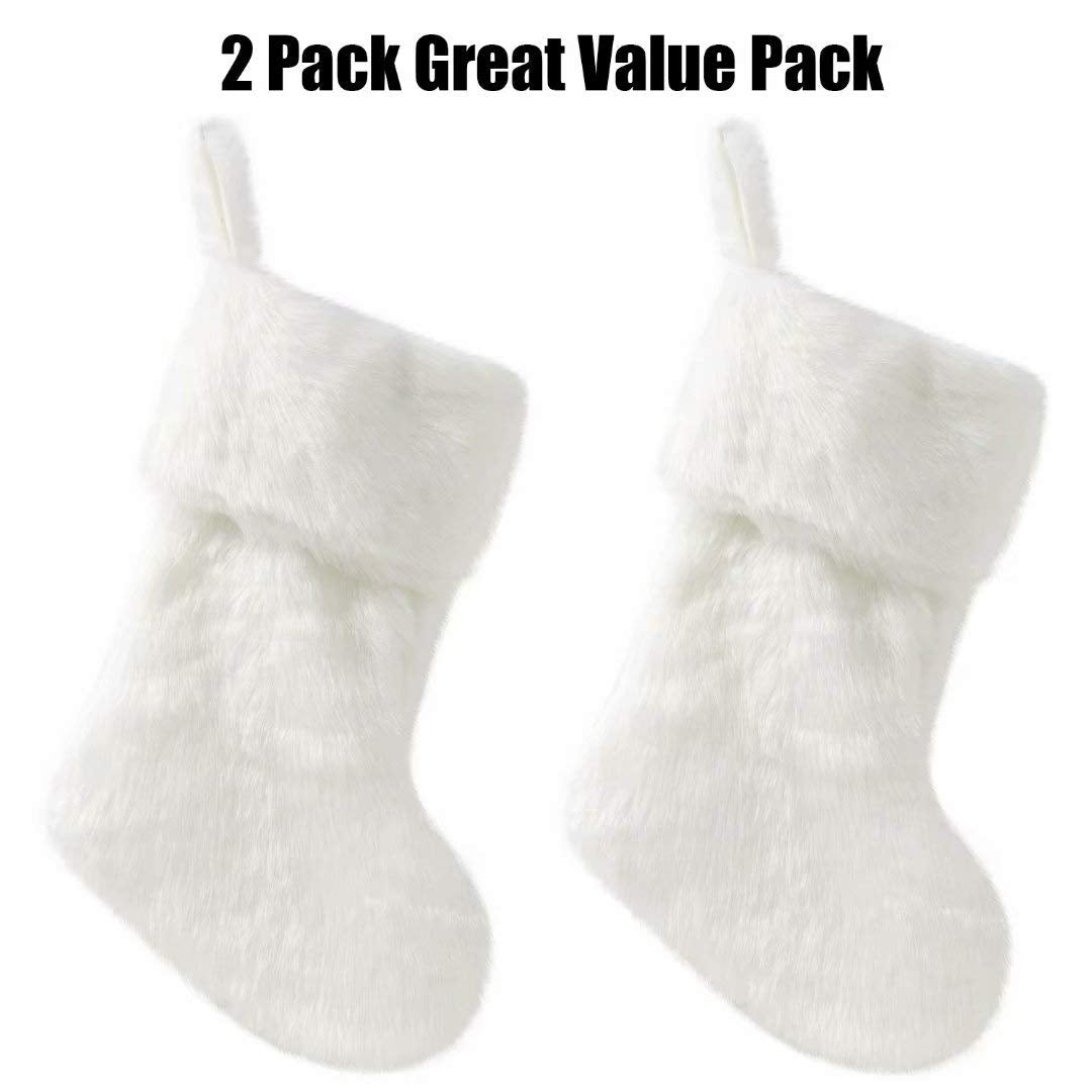 White Christmas Stockings 2 PCS 20 Inch Faux Fur Large Christmas Stocking for Hanging Decorations
