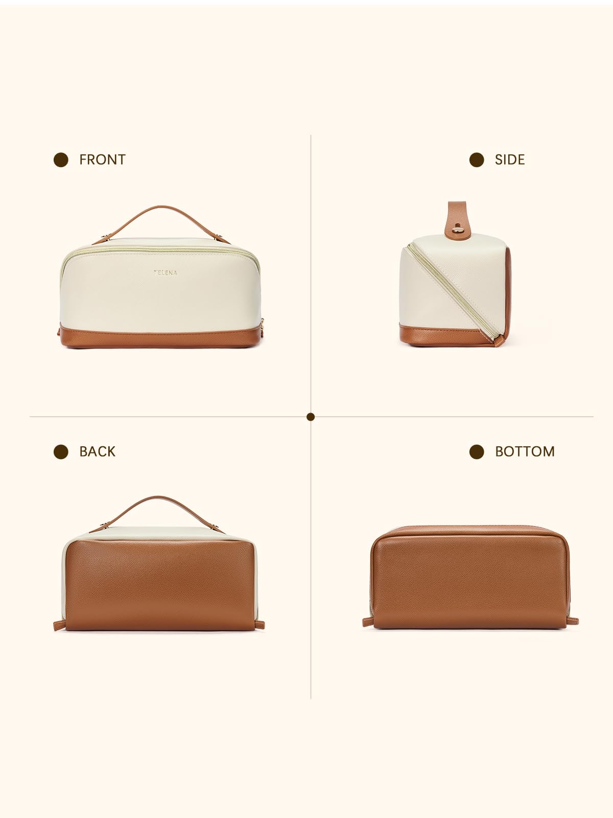 Telena Leather Make Up Bag Portable Travel Makeup Bag Waterproof Cosmetic Bags for Women Large Capacity With Handle and Divider Open Lay Flat