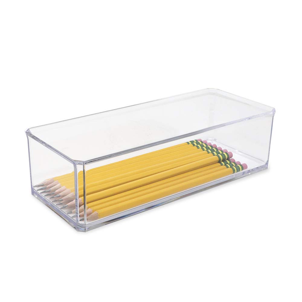Isaac Jacobs Clear Acrylic Rectangular Stackable Storage Organizer, (9"L x 3.5"W x 2.5"H) Drawer Tray without Lid, Open-Top Organizer, Multi-Functional, Bathroom, Kitchen, Home, Office, Desk, Drawers