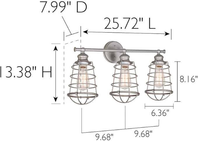 Design House 519728 Ajax Industrial Modern 3-Light Indoor Bathroom Vanity Light with Metal Wire Cage Over the Mirror, Galvanized Steel