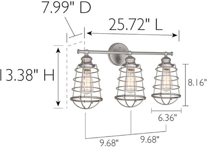 Design House 519728 Ajax Industrial Modern 3-Light Indoor Bathroom Vanity Light with Metal Wire Cage Over the Mirror, Galvanized Steel