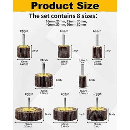 8 Pcs Flap Wheel Sander Set, 1/4" Shank 8Size Flapper Wheel, SHITIME Long-Lasting Cylindrical Shape Sanding Wheel for Removing and Polishing Rust Paint(80 Grit)