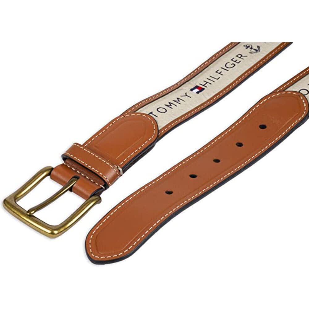 Tommy Hilfiger Men's Ribbon Inlay Belt - Ribbon Fabric Design with Single Prong Buckle, Khaki, 38