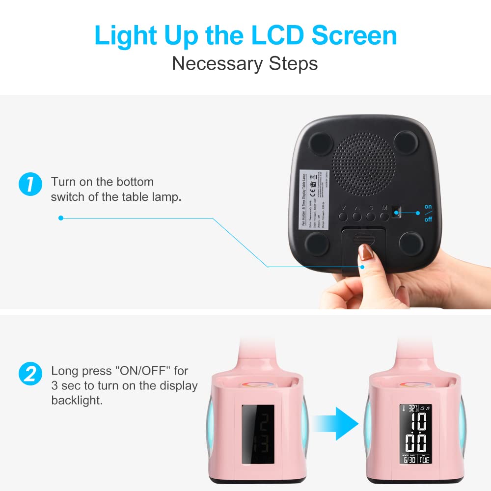 wanjiaone LED Desk Lamp with Clock,Color Changing Nightlight,Study Lamp with Pen Holder,Desk Light with USB Charger,Table Light for Home,Office,Bedroom,Gift for Kids,Students,Women,Pink