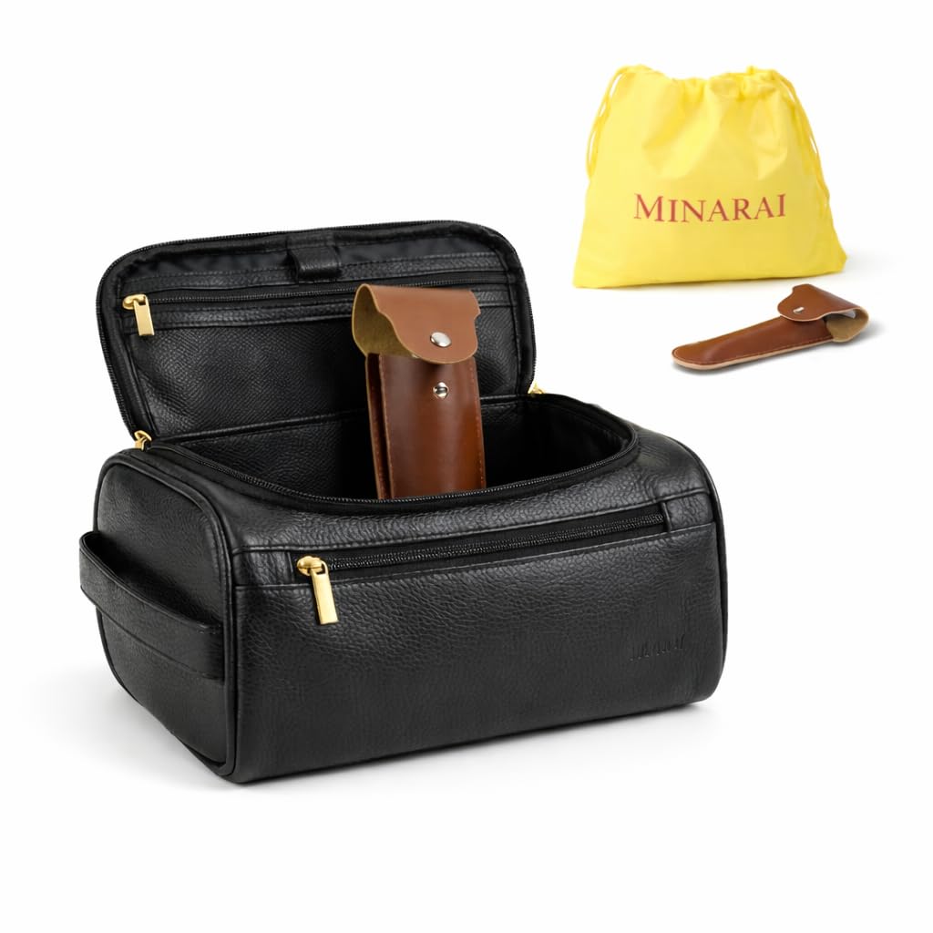 MINARAI Mens Toiletry Travel Bag with Razor Case & Dust Bag – Premium PU Leather Organizer with Hanging Design and Structured Storage – Mens Toiletry Bag for Travel, Gym, and Everyday Gift–BLACK