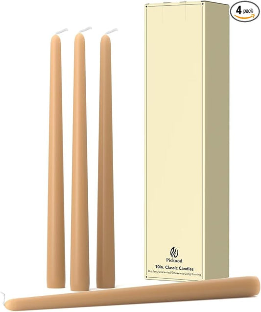 10-Inch Tall Dripless Taper Candles Set of 4 - Beige Tapered Candles, Perfect for Christmas - Smokeless, Unscented, Long Burning - Hand Poured, Colored Tall Candlesticks - Beige