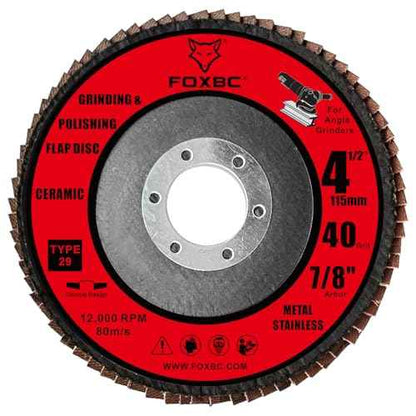 FOXBC 4 1/2 inch Ceramic Flap Disc for Angle Grinder, 40 Grit, Type 29, Grinding and Polishing for Metal, 10 Pack