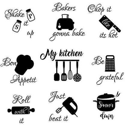 Seajan 4 Pcs Kitchen Wall Stickers Kitchen Quotes Wall Decals with Funny Lettering Vinyl Fun Utensils Sticker Peel and Stick Arts for Fridge Restaurant Bar Home Decoration
