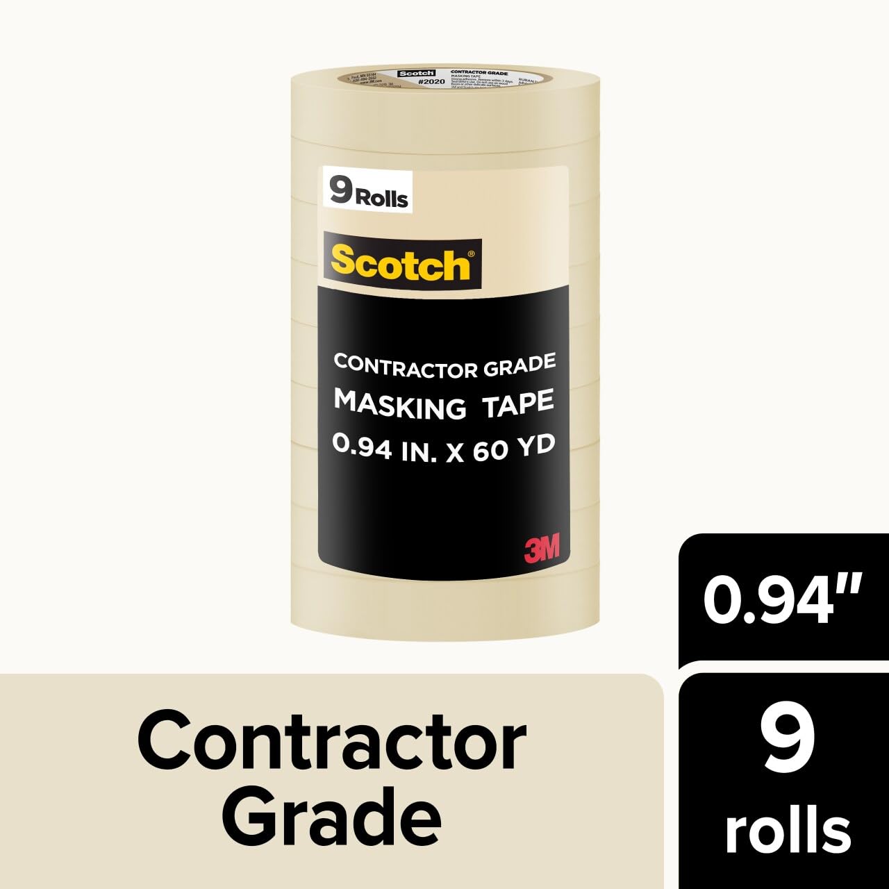 Scotch Contractor Grade Masking Tape, 0.94 inches by 60.1 Yards (540 Yards Total per roll), 3 Pack