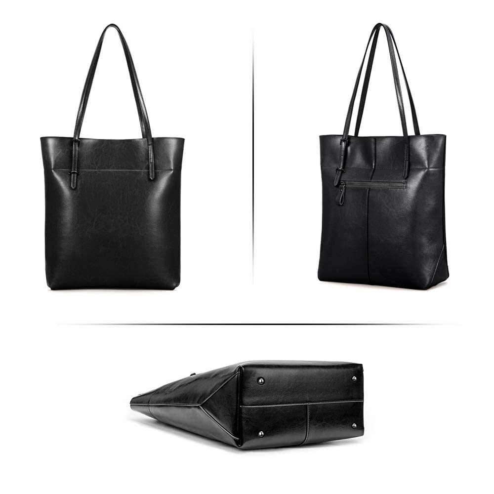 Kattee Vintage Genuine Leather Tote Shoulder Handbag for Woman with Adjustable Handles (Black)